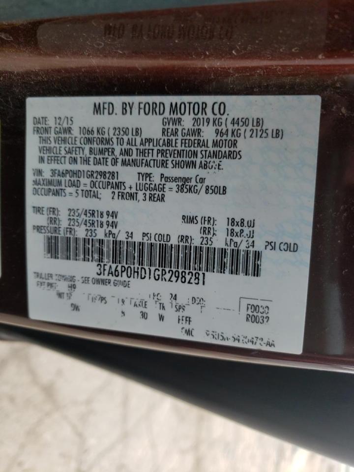 Photo 10 from auction – 2016 FORD FUSION SE with VIN 3FA6P0HD1GR298281