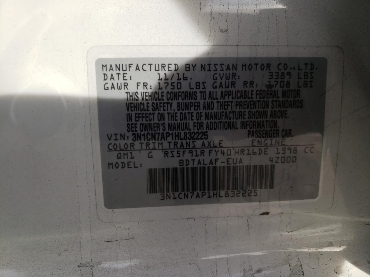 Photo 10 from auction – 2017 NISSAN VERSA S with VIN 3N1CN7AP1HL832225