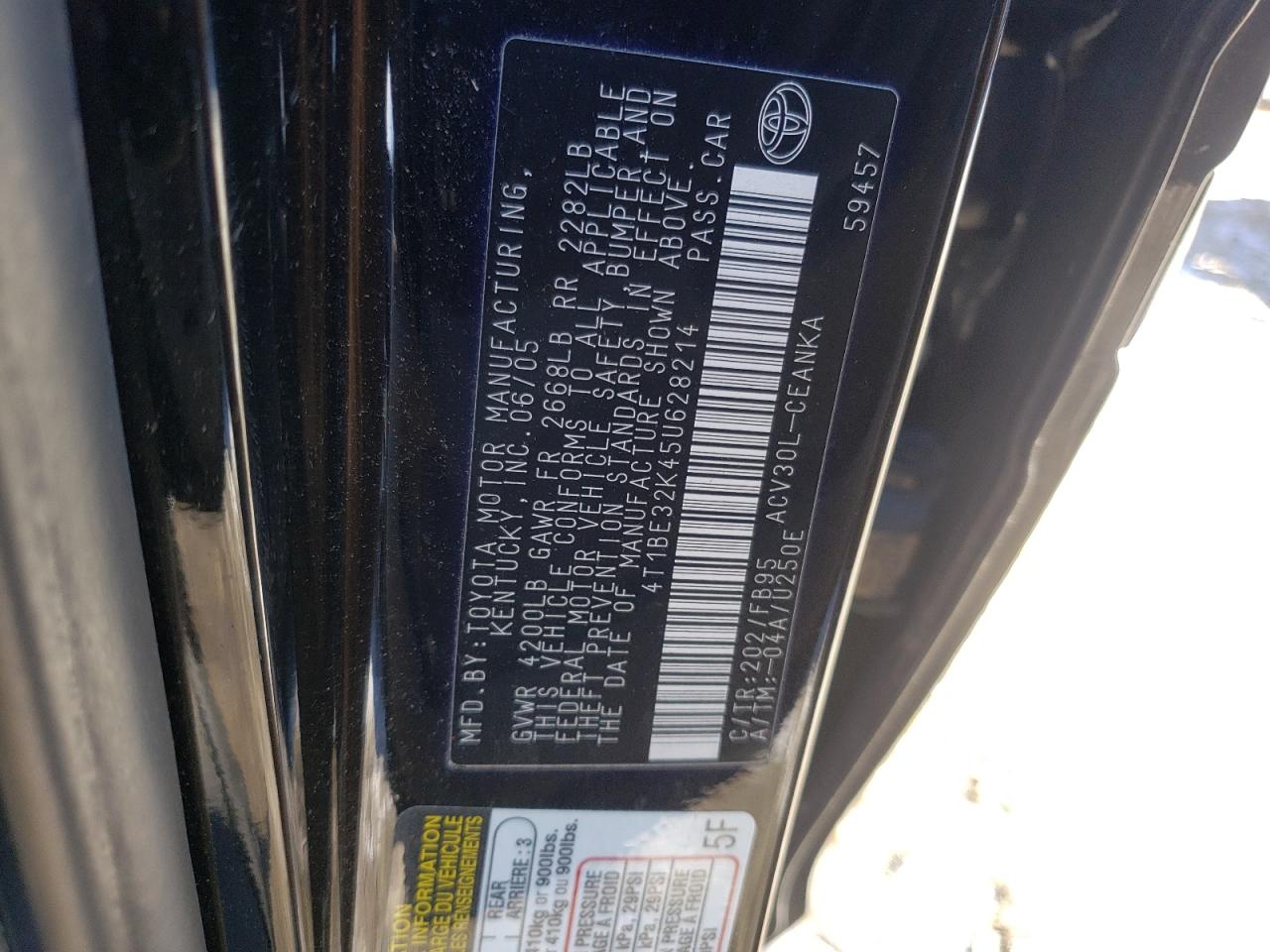 Photo 10 from auction – 2005 TOYOTA CAMRY LE with VIN 4T1BE32K45U628214