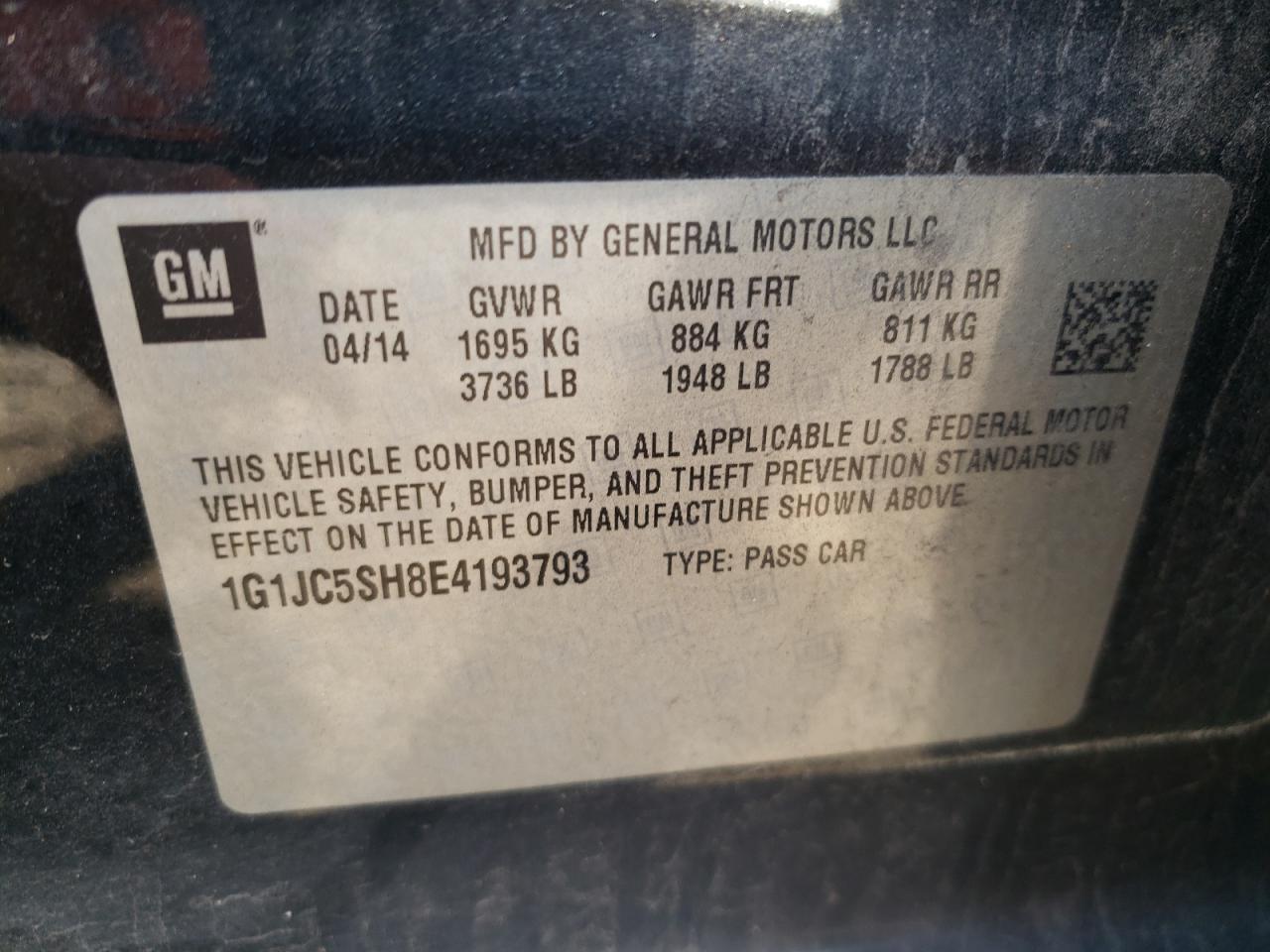 Photo 10 from auction – 2014 CHEVROLET SONIC LT with VIN 1G1JC5SH8E4193793