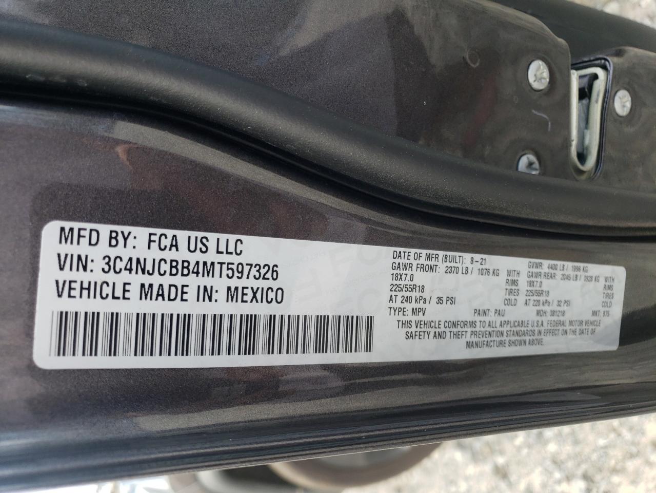 Photo 10 from auction – 2021 JEEP COMPASS LA with VIN 3C4NJCBB4MT597326