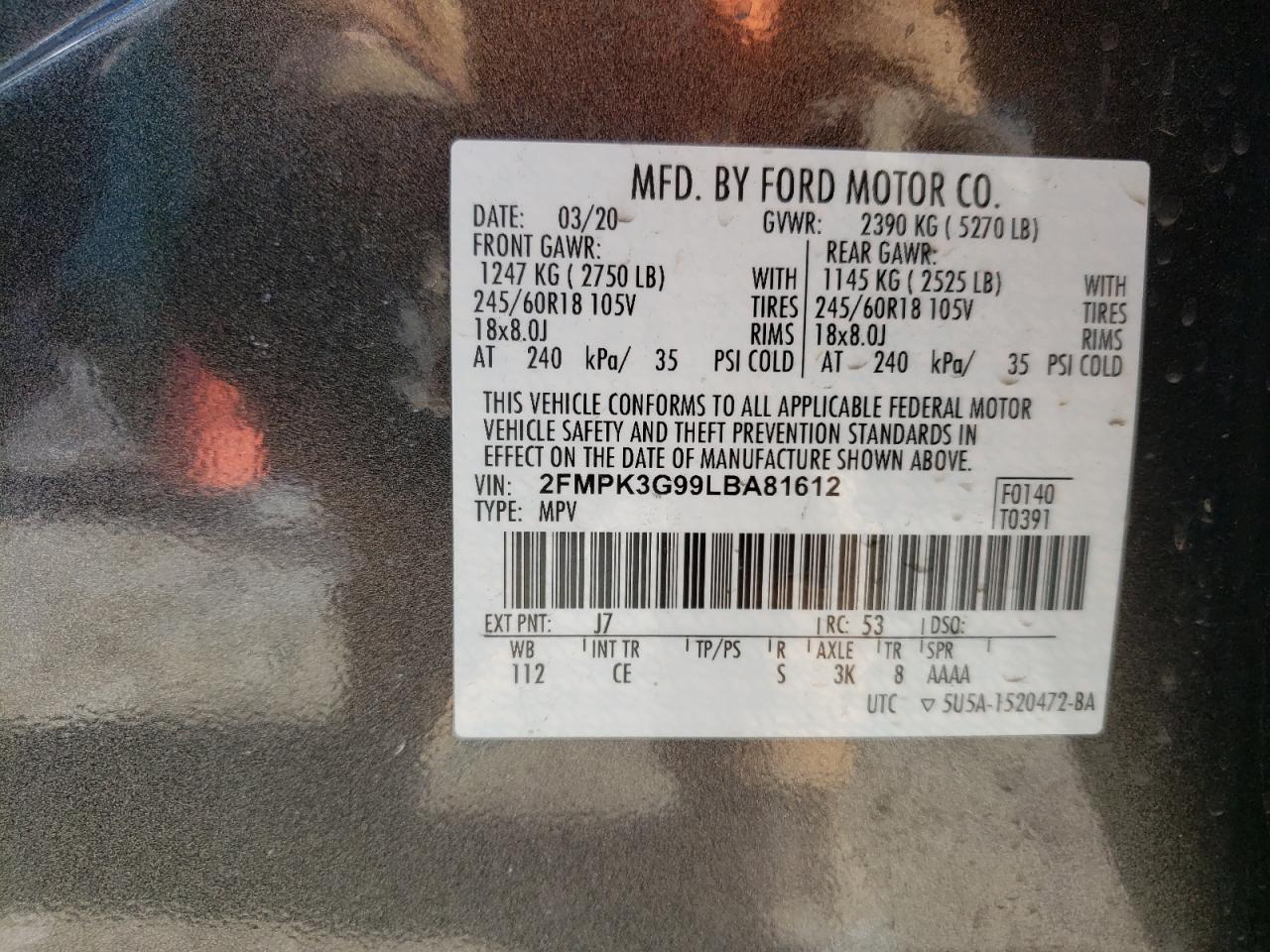 Photo 10 from auction – 2020 FORD EDGE SE with VIN 2FMPK3G99LBA81612