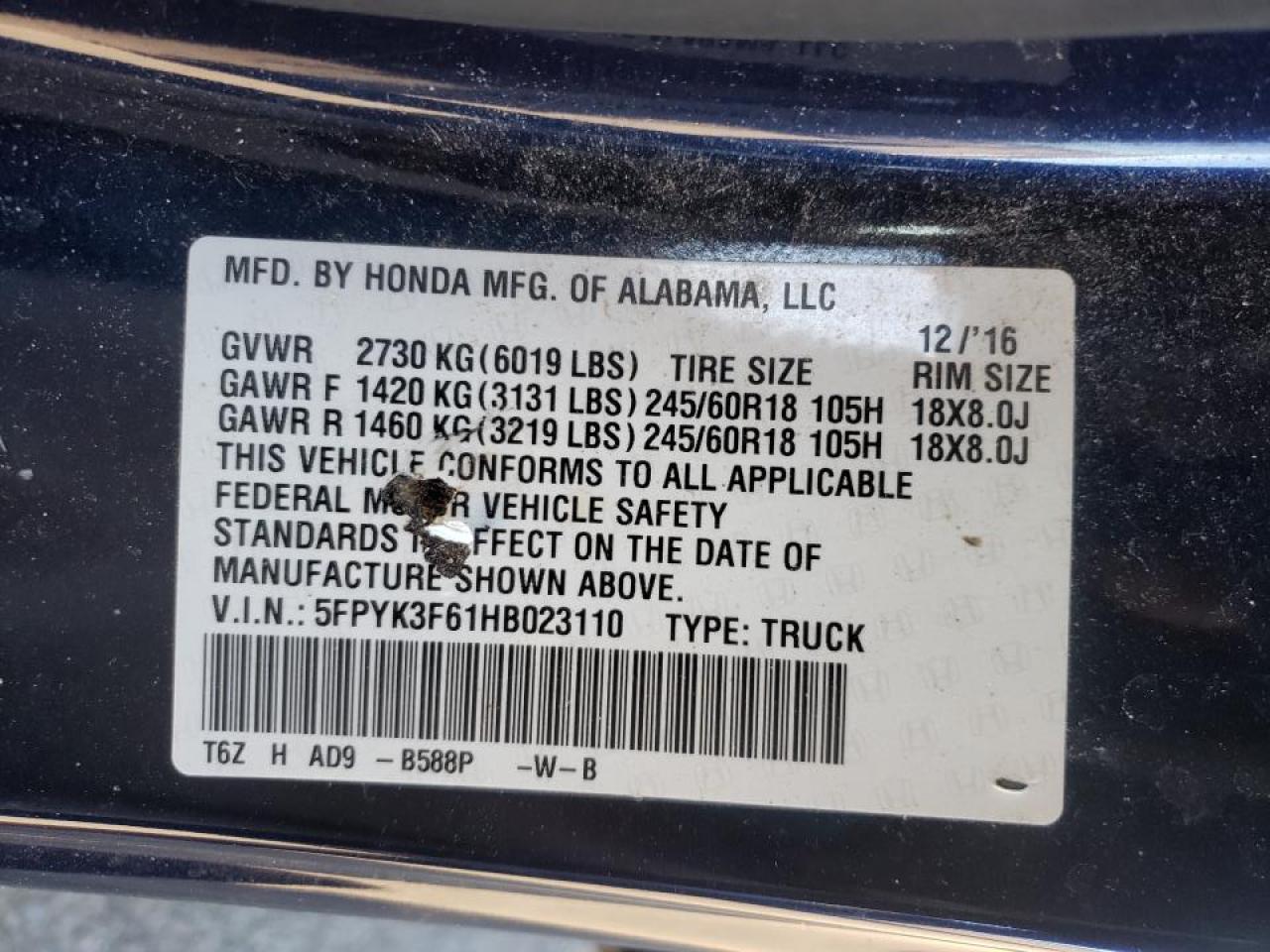 Photo 10 from auction – 2017 HONDA RIDGELINE with VIN 5FPYK3F61HB023110