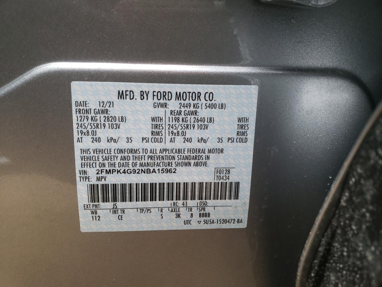Photo 10 from auction – 2022 FORD EDGE SE with VIN 2FMPK4G92NBA15962