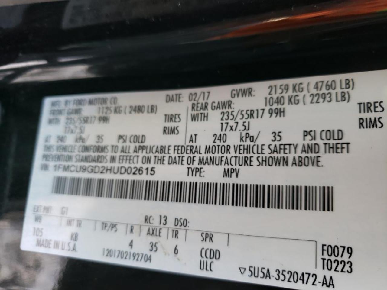 Photo 10 from auction – 2017 FORD ESCAPE SE with VIN 1FMCU9GD2HUD02615