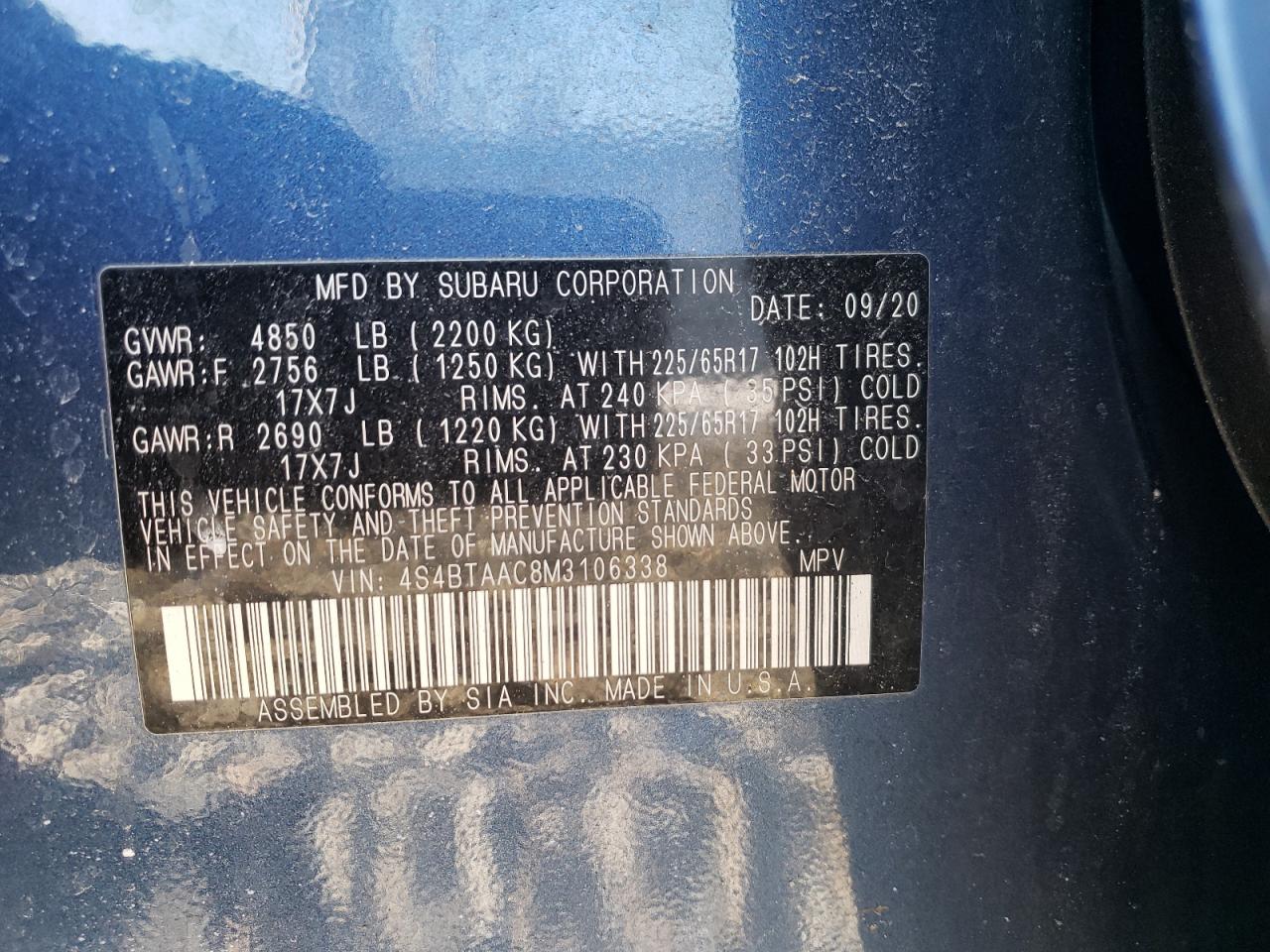 Photo 10 from auction – 2021 SUBARU OUTBACK with VIN 4S4BTAAC8M3106338