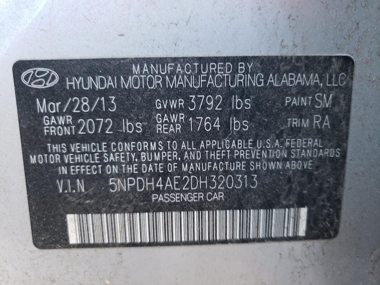 Photo 10 from auction – 2013 HYUNDAI ELANTRA GL with VIN 5NPDH4AE2DH320313
