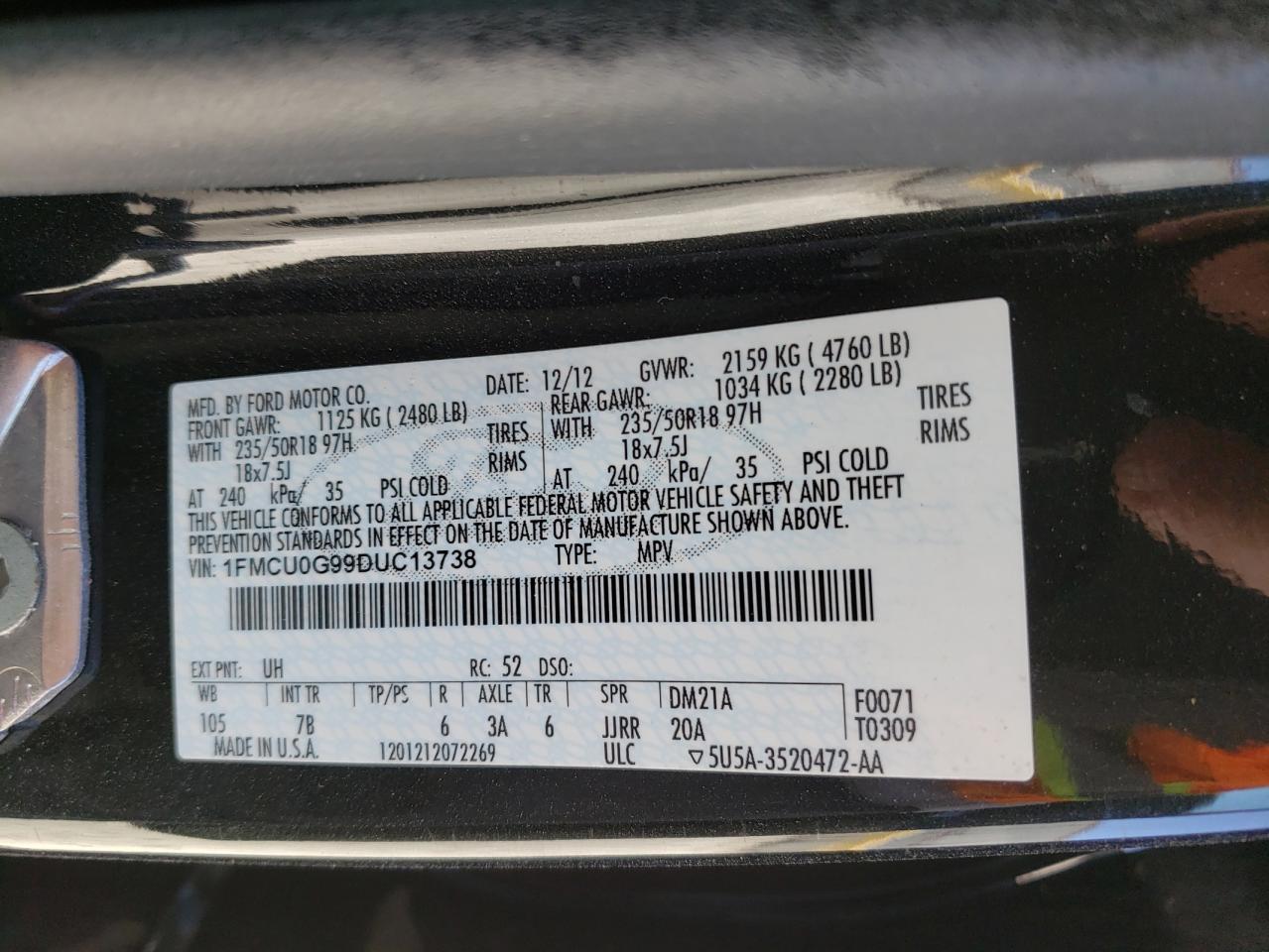 Photo 10 from auction – 2013 FORD ESCAPE SE with VIN 1FMCU0G99DUC13738