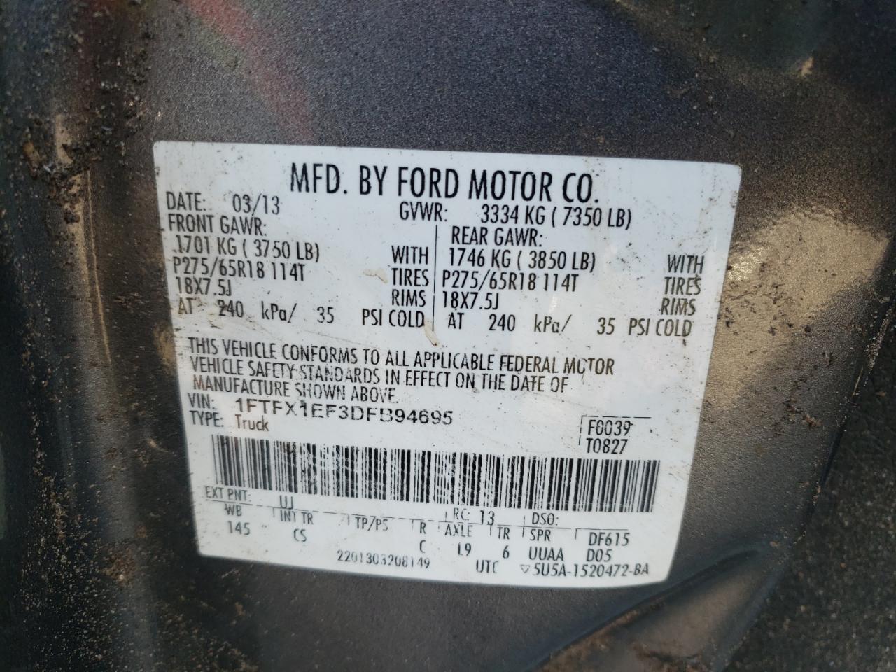 Photo 10 from auction – 2013 FORD F150 SUPER with VIN 1FTFX1EF3DFB94695