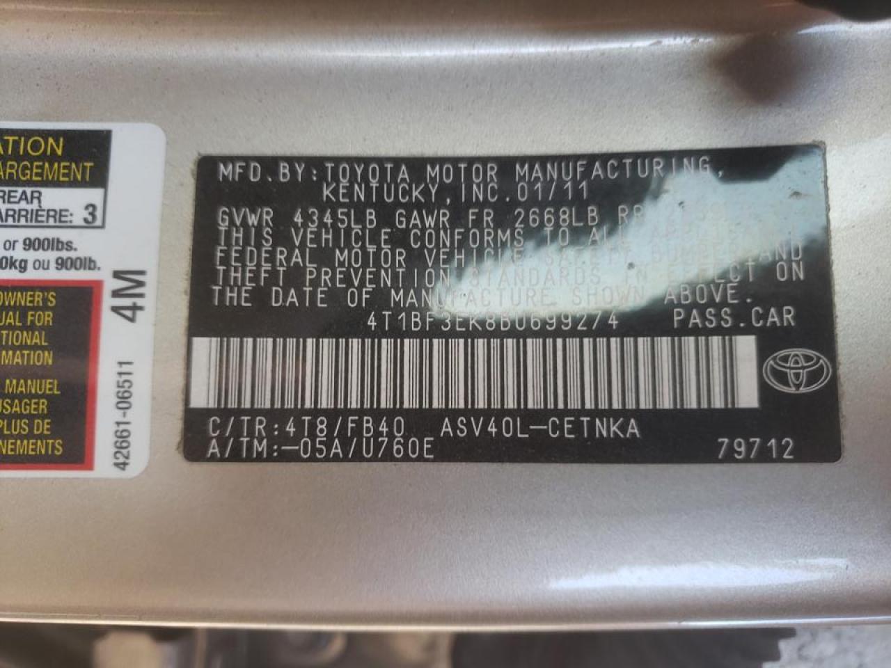 Photo 10 from auction – 2011 TOYOTA CAMRY BASE with VIN 4T1BF3EK8BU699274