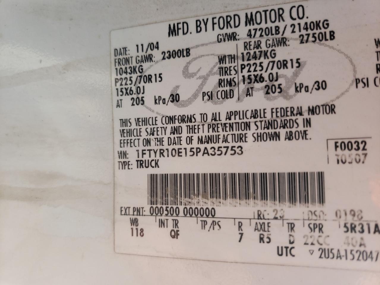 Photo 10 from auction – 2005 FORD RANGER with VIN 1FTYR10E15PA35753