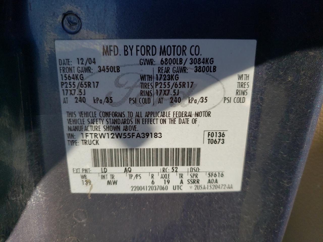 Photo 10 from auction – 2005 FORD F150 SUPER with VIN 1FTRW12W55FA39183