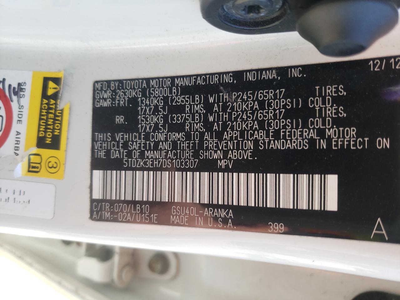 Photo 10 from auction – 2013 TOYOTA HIGHLANDER with VIN 5TDZK3EH7DS103307