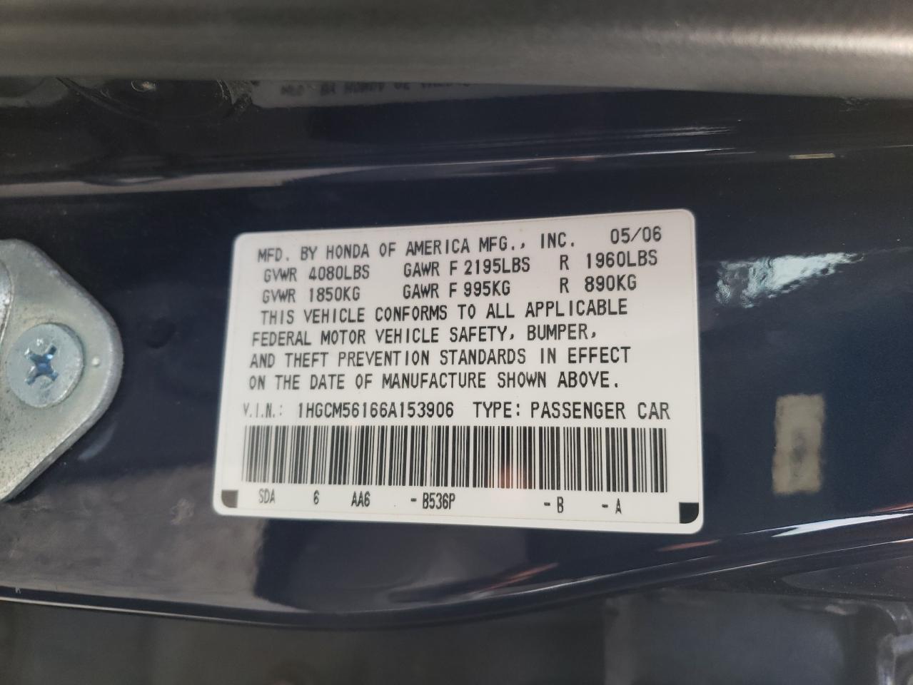 Photo 10 from auction – 2006 HONDA ACCORD with VIN 1HGCM56166A153906