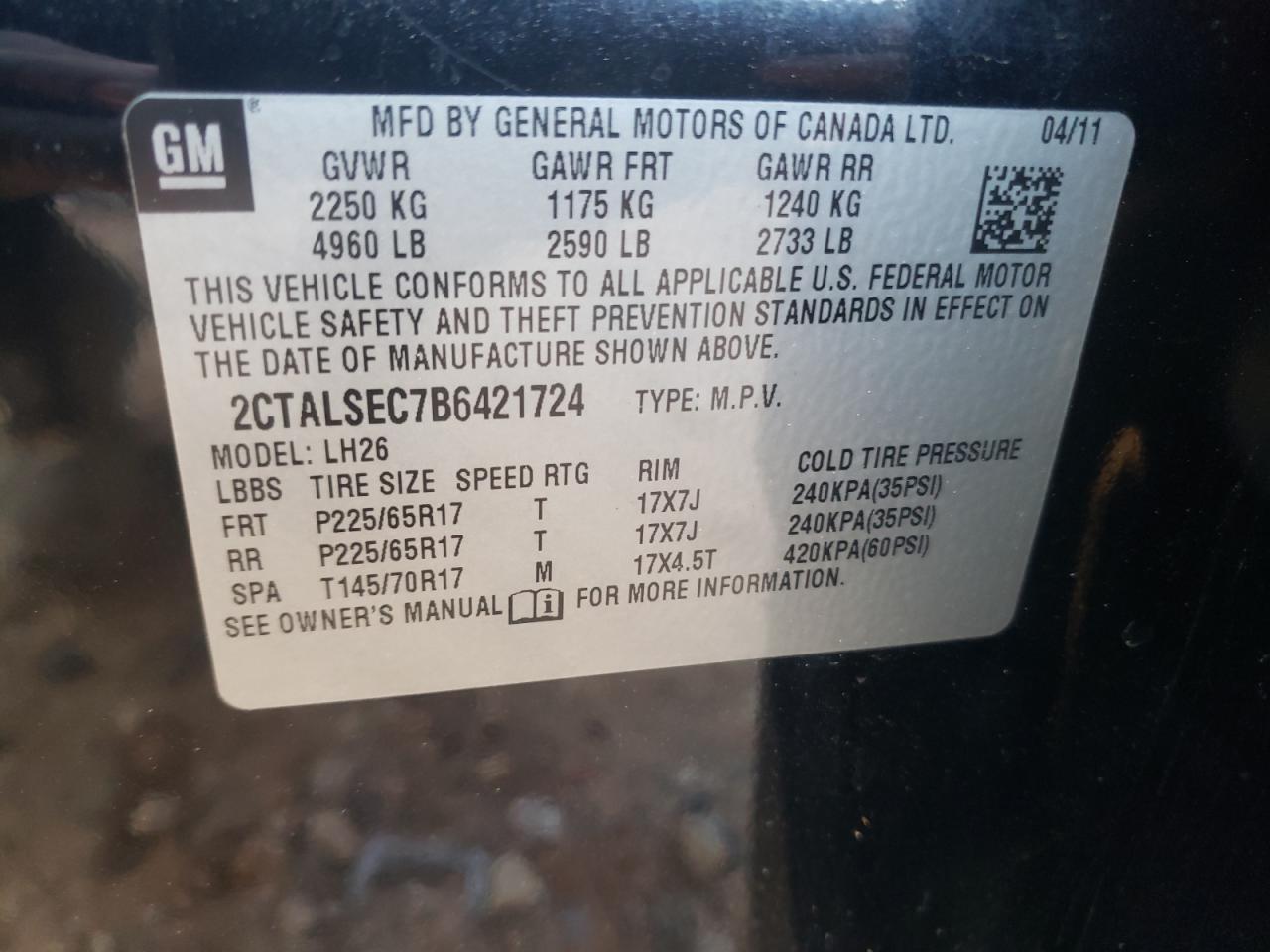 Photo 10 from auction – 2011 GMC TERRAIN SL with VIN 2CTALSEC7B6421724