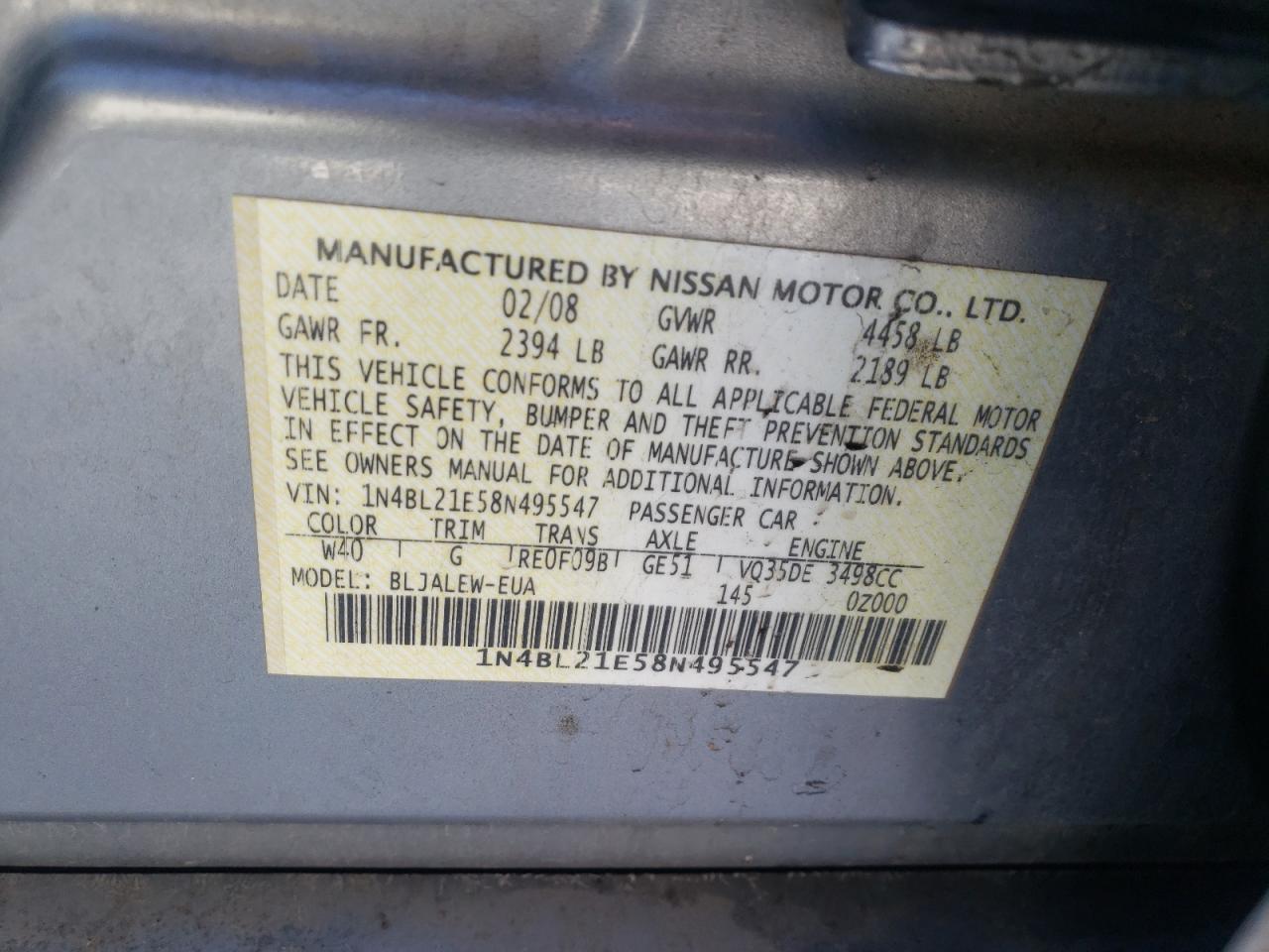 Photo 10 from auction – 2008 NISSAN ALTIMA 3.5 with VIN 1N4BL21E58N495547