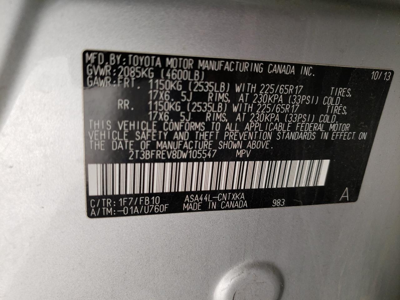 Photo 10 from auction – 2013 TOYOTA RAV4 LE with VIN 2T3BFREV8DW105547