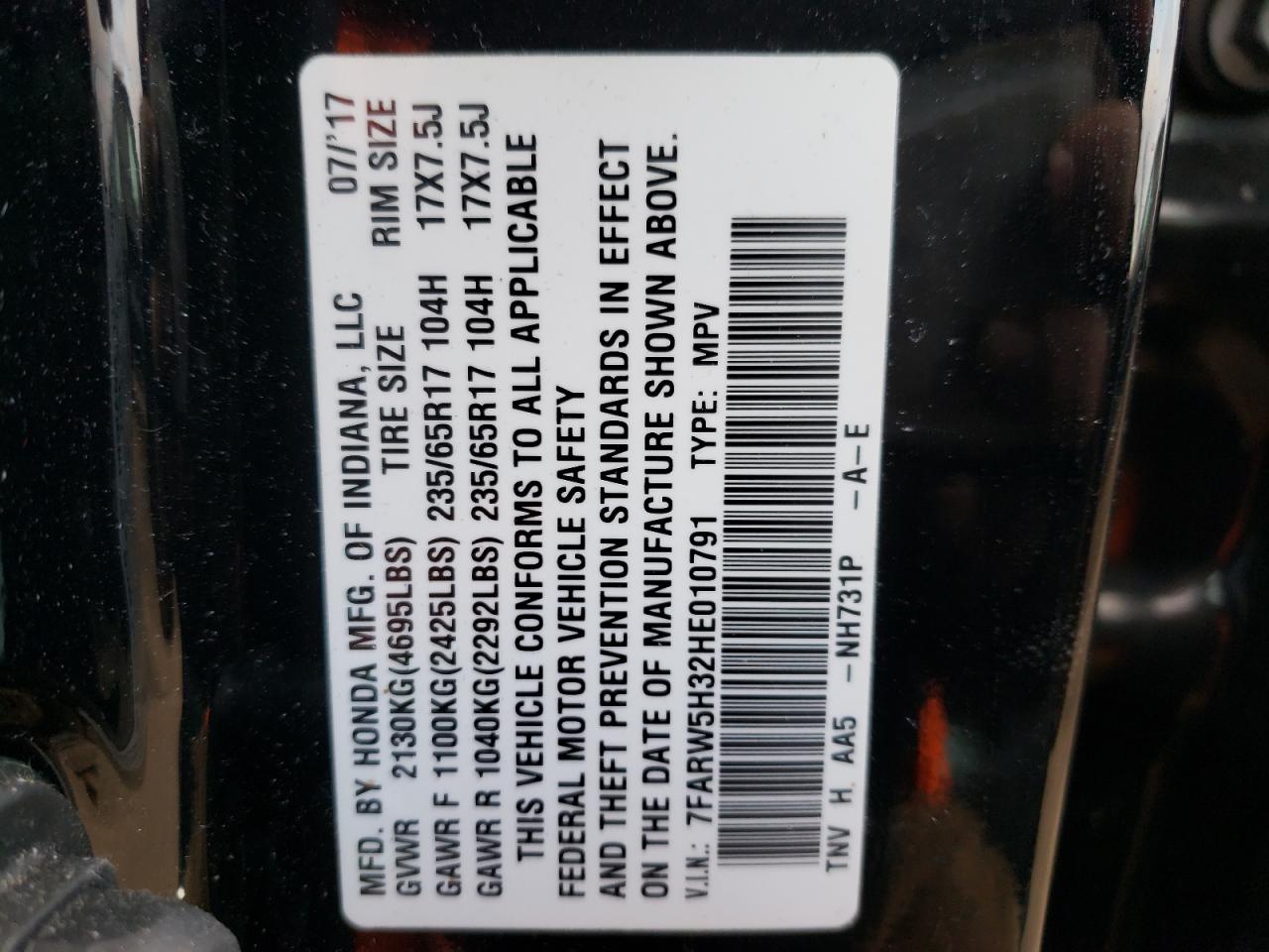 Photo 10 from auction – 2017 HONDA CR-V LX with VIN 7FARW5H32HE010791