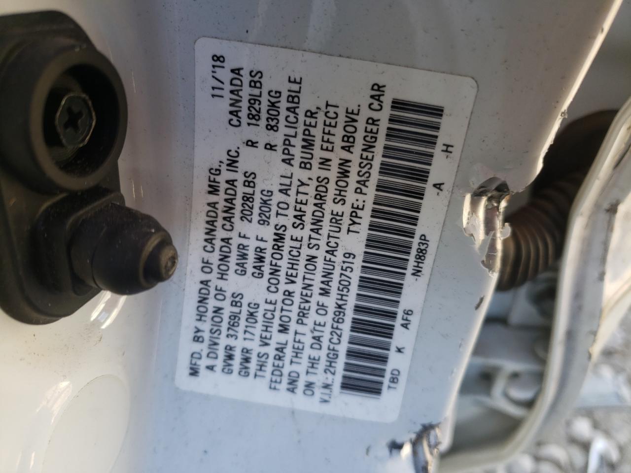 Photo 10 from auction – 2019 HONDA CIVIC LX with VIN 2HGFC2F69KH507519