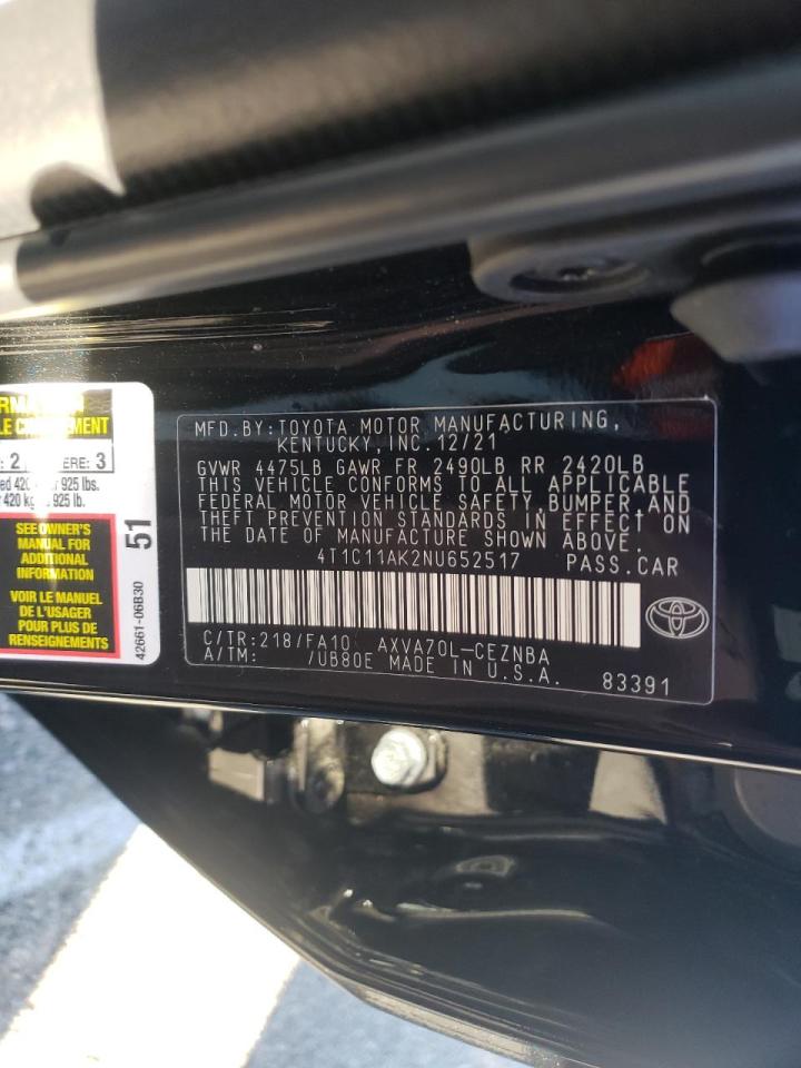 Photo 10 from auction – 2022 TOYOTA CAMRY LE with VIN 4T1C11AK2NU652517