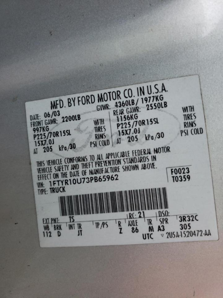 Photo 10 from auction – 2003 FORD RANGER with VIN 1FTYR10U73PB65962