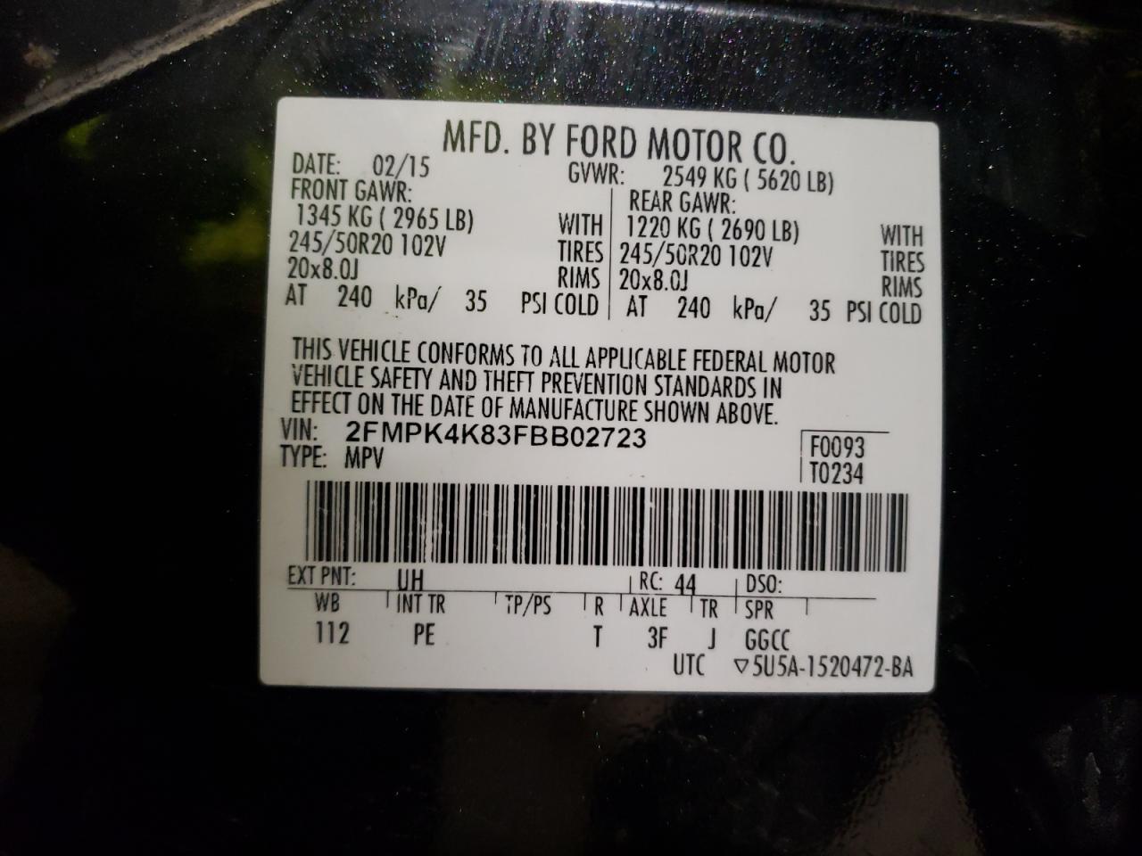Photo 10 from auction – 2015 FORD EDGE TITAN with VIN 2FMPK4K83FBB02723