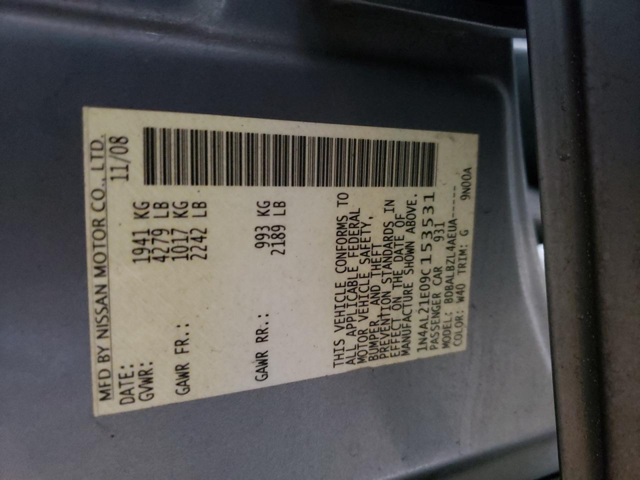 Photo 10 from auction – 2009 NISSAN ALTIMA 2.5 with VIN 1N4AL21E09C153531