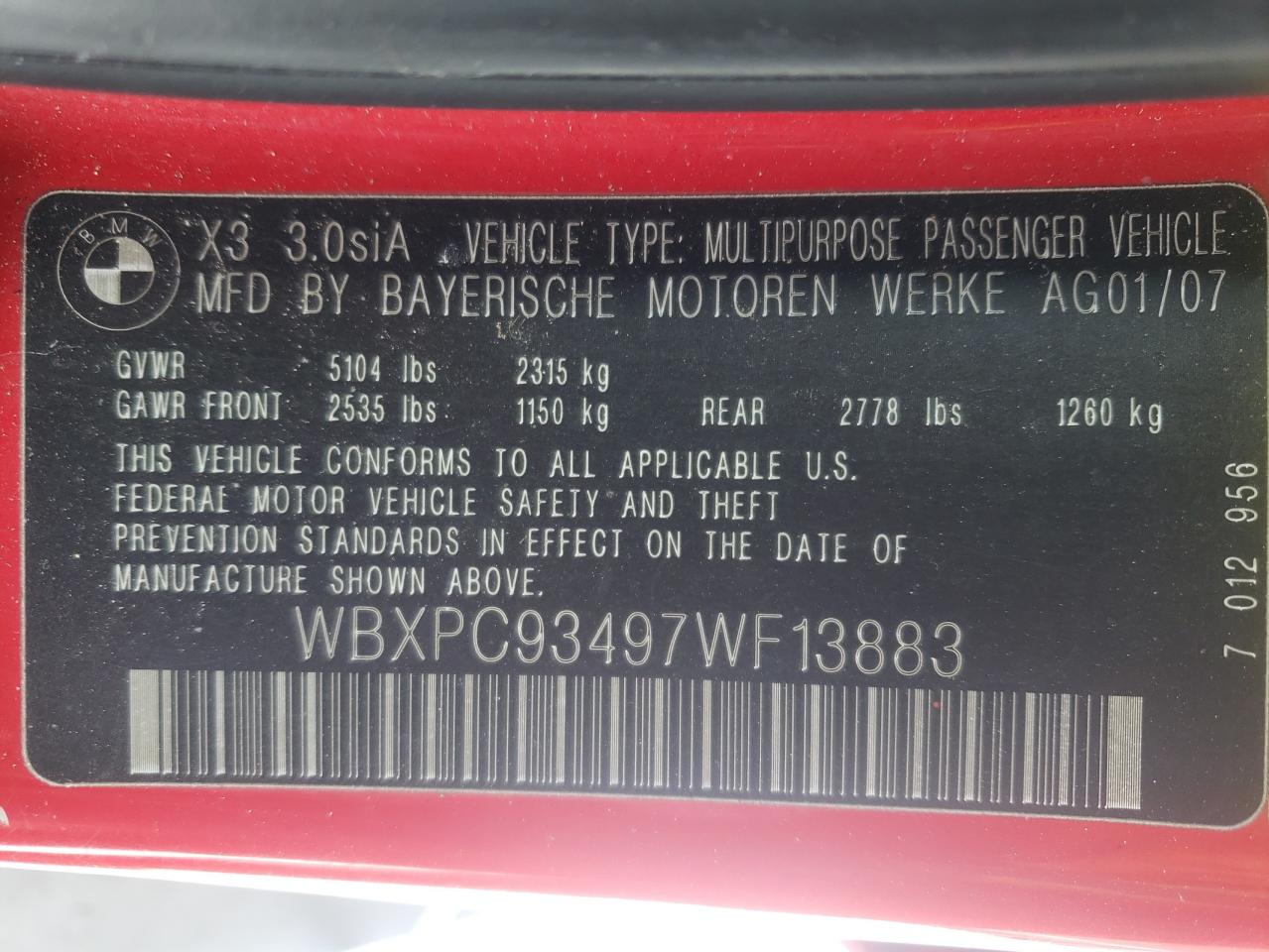 Photo 10 from auction – 2007 BMW X3 3.0SI with VIN WBXPC93497WF13883