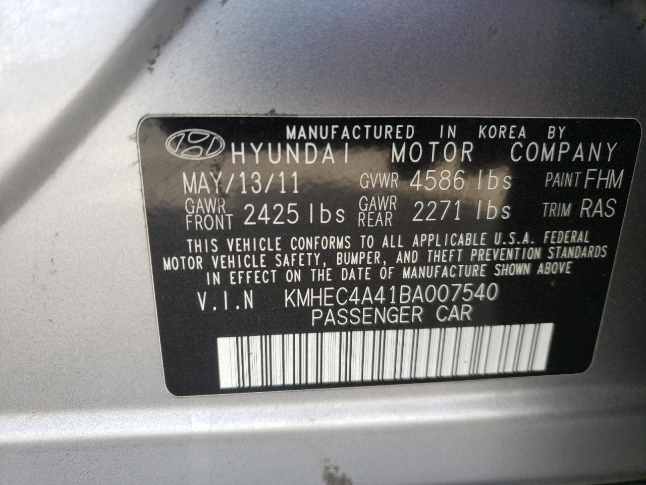 Photo 20 from auction – 2011 HYUNDAI SONATA HYB with VIN KMHEC4A41BA007540