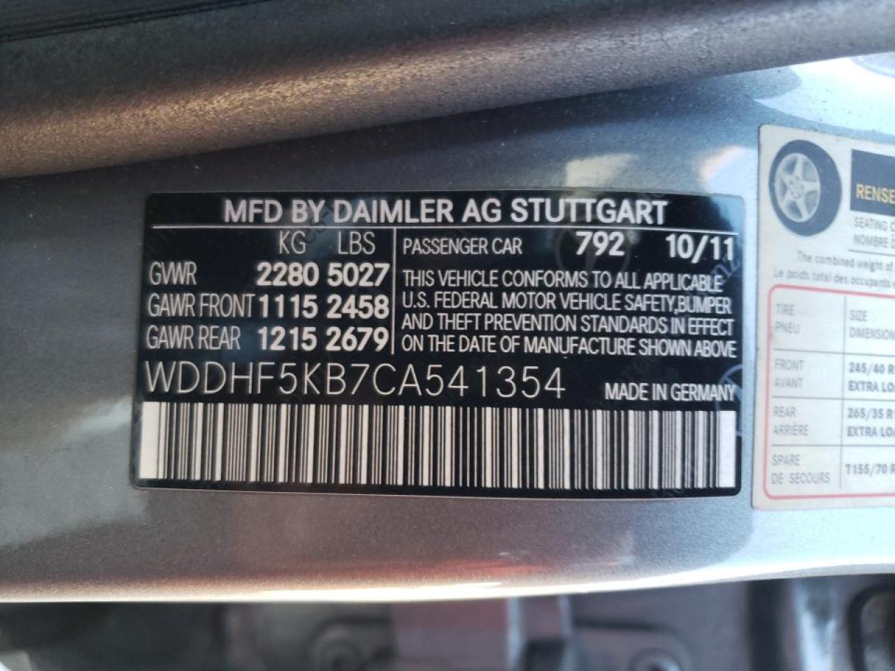 Photo 10 from auction – 2012 MERCEDES-BENZ E 350 with VIN WDDHF5KB7CA541354