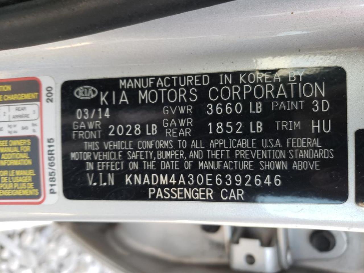 Photo 10 from auction – 2014 KIA RIO LX with VIN KNADM4A30E6392646
