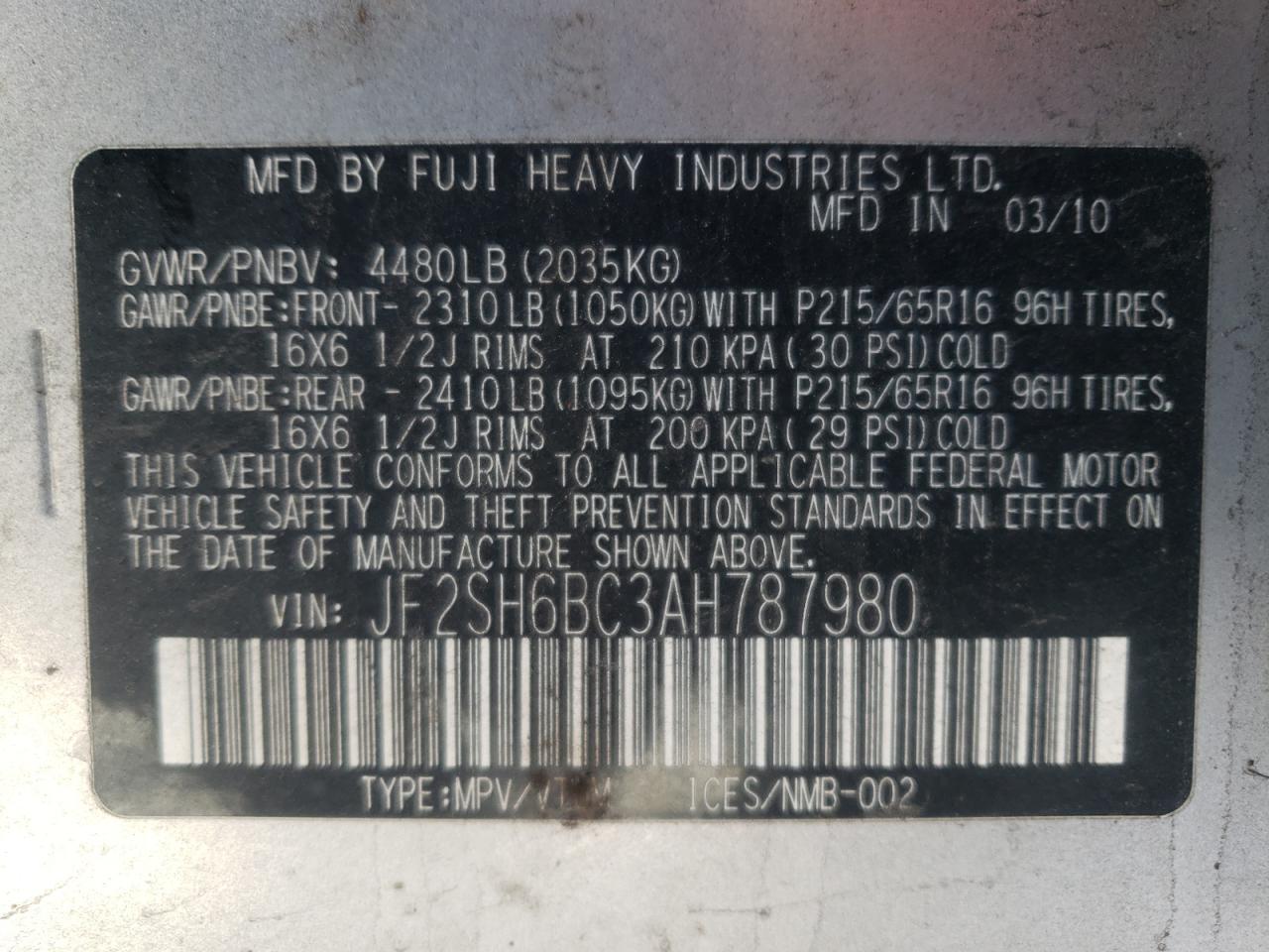 Photo 10 from auction – 2010 SUBARU FORESTER X with VIN JF2SH6BC3AH787980