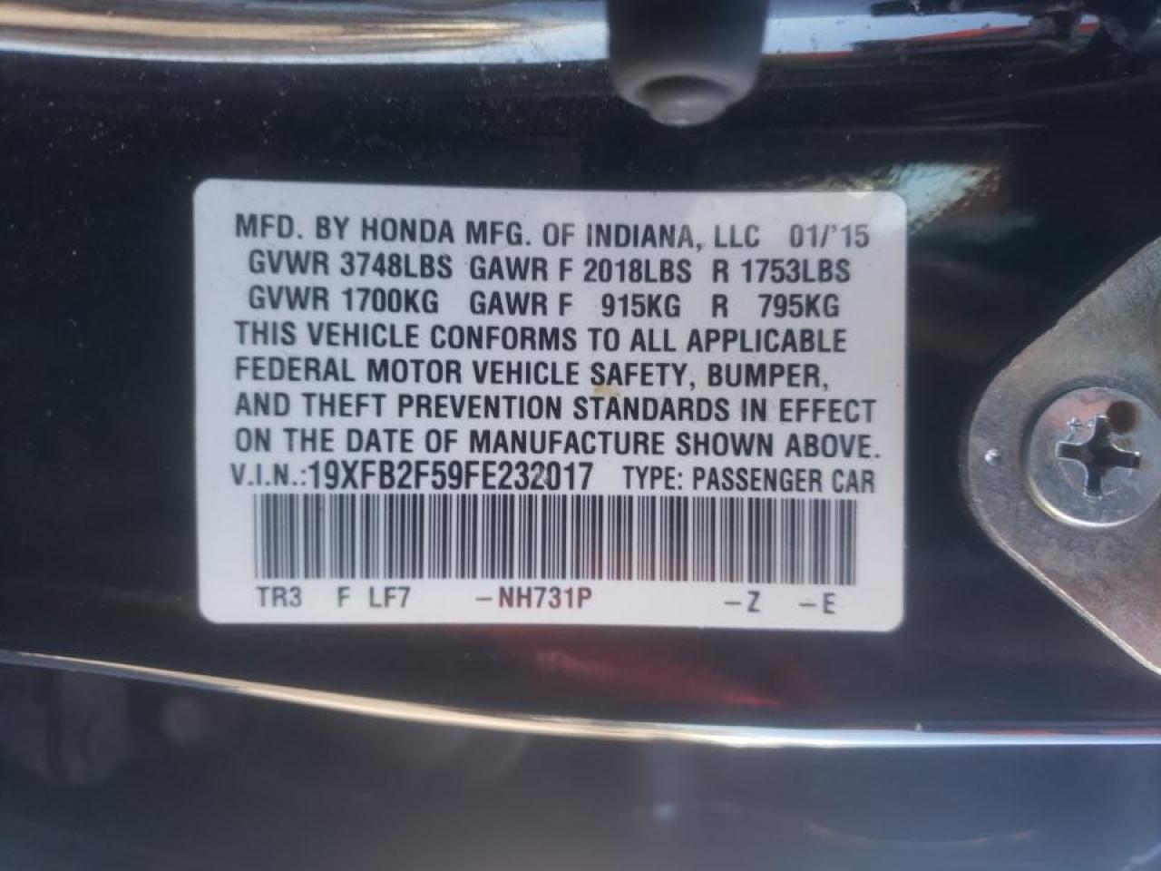Photo 10 from auction – 2015 HONDA CIVIC LX with VIN 19XFB2F59FE232017