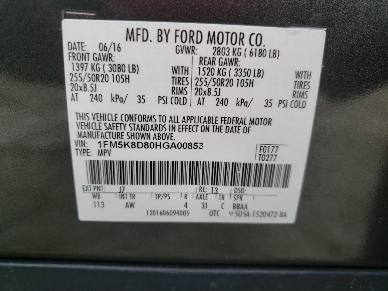 Photo 10 from auction – 2017 FORD EXPLORER X with VIN 1FM5K8D80HGA00853