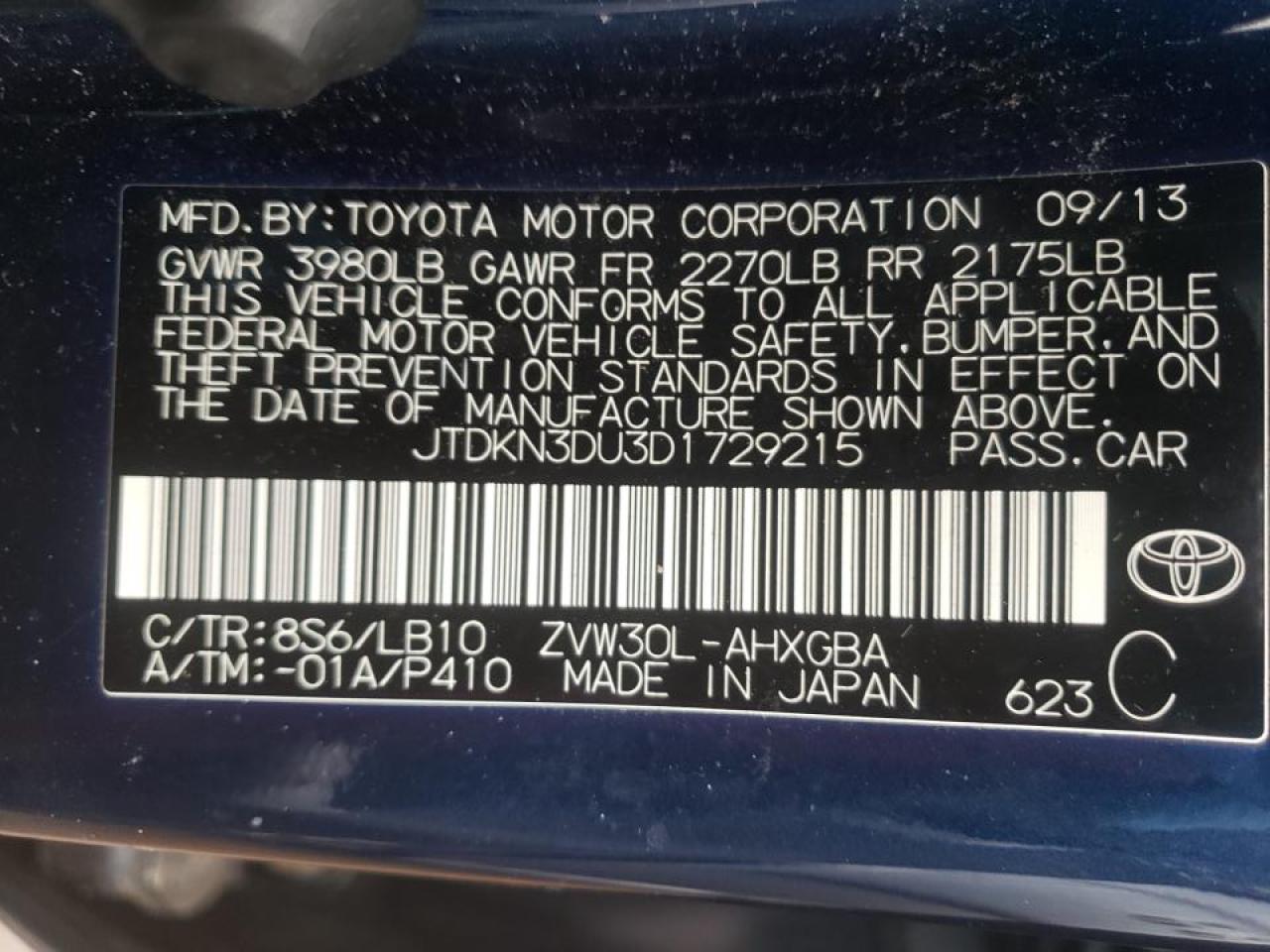 Photo 10 from auction – 2013 TOYOTA PRIUS with VIN JTDKN3DU3D1729215