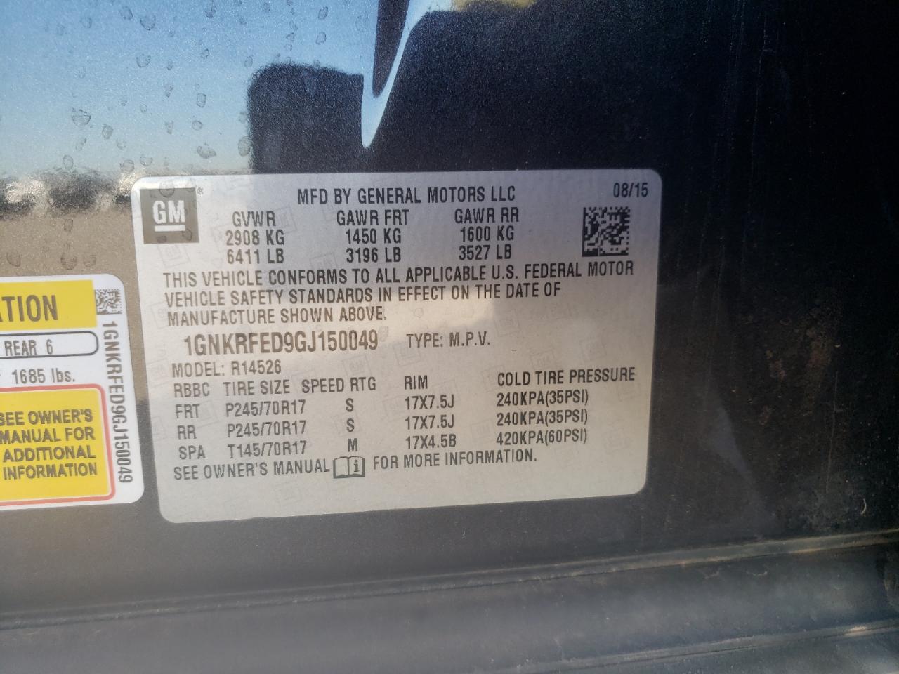 Photo 10 from auction – 2016 CHEVROLET TRAVERSE L with VIN 1GNKRFED9GJ150049
