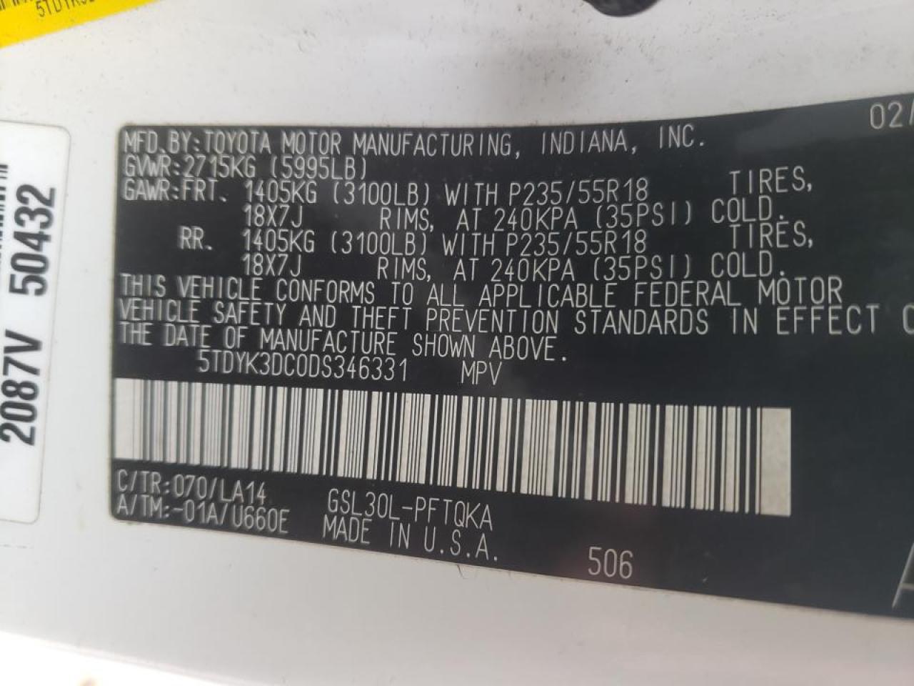 Photo 10 from auction – 2013 TOYOTA SIENNA XLE with VIN 5TDYK3DC0DS346331