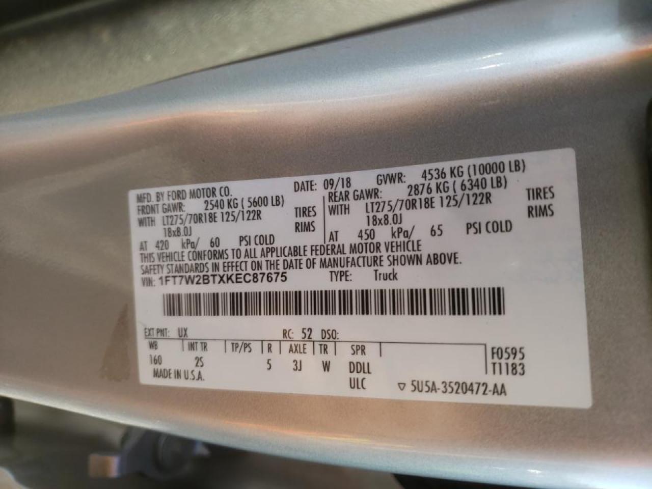 Photo 10 from auction – 2019 FORD F250 SUPER with VIN 1FT7W2BTXKEC87675