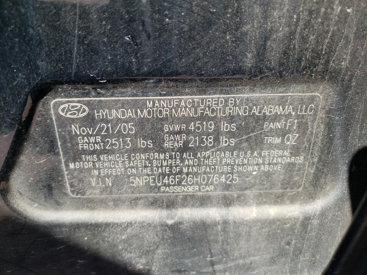 Photo 10 from auction – 2006 HYUNDAI SONATA with VIN 5NPEU46F26H076425