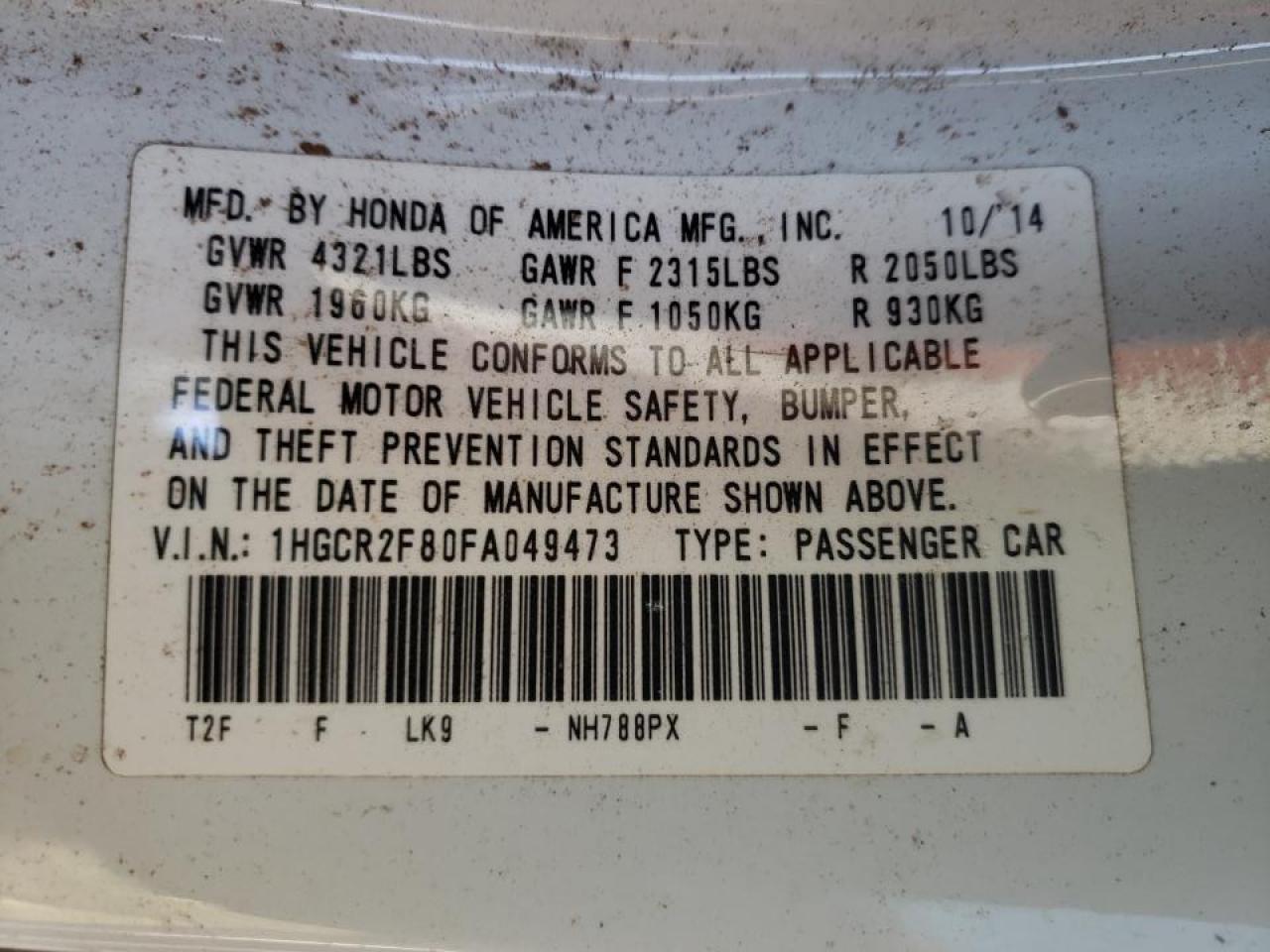 Photo 10 from auction – 2015 HONDA ACCORD EXL with VIN 1HGCR2F80FA049473