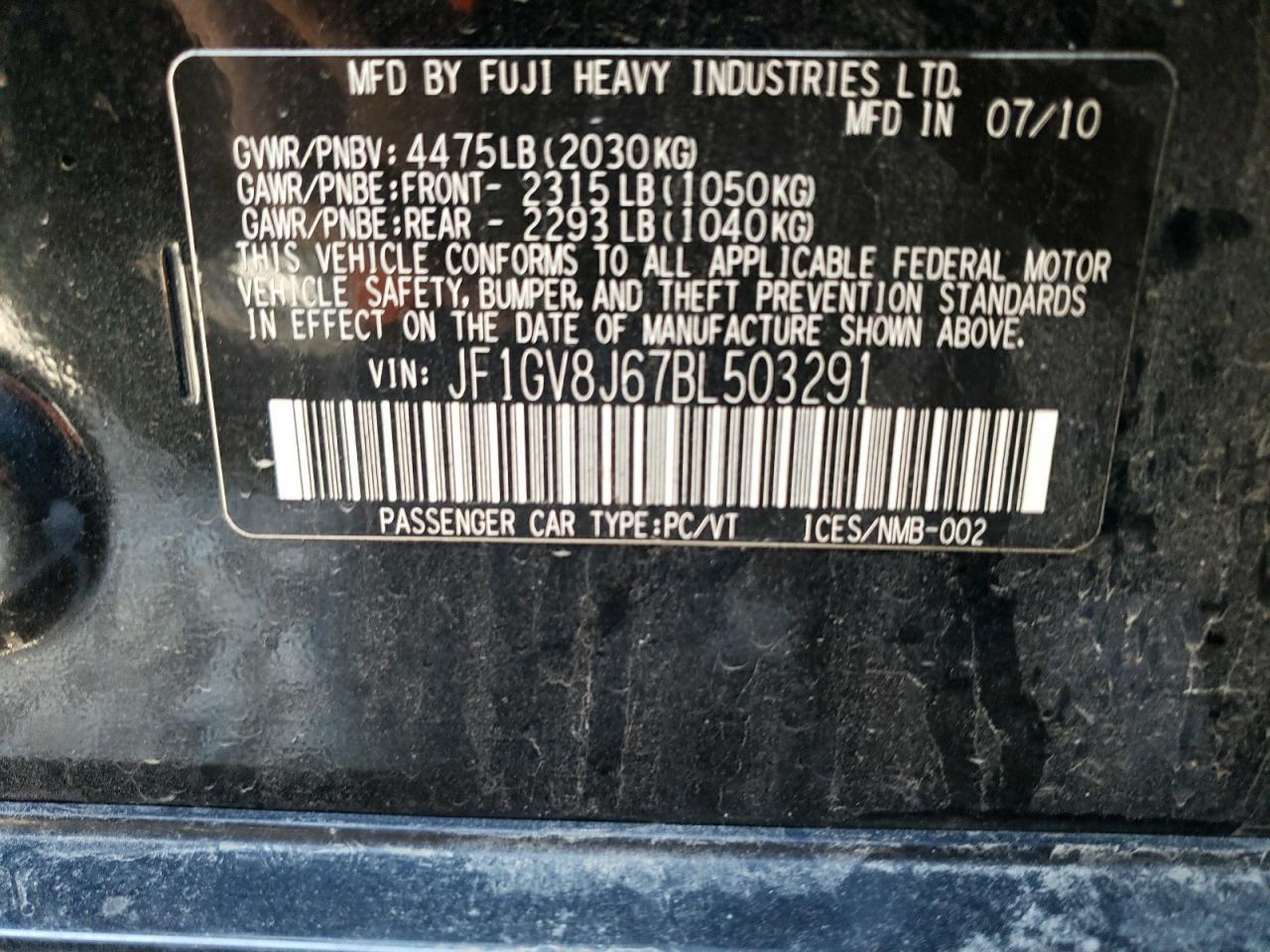 Photo 10 from auction – 2011 SUBARU IMPREZA WR with VIN JF1GV8J67BL503291