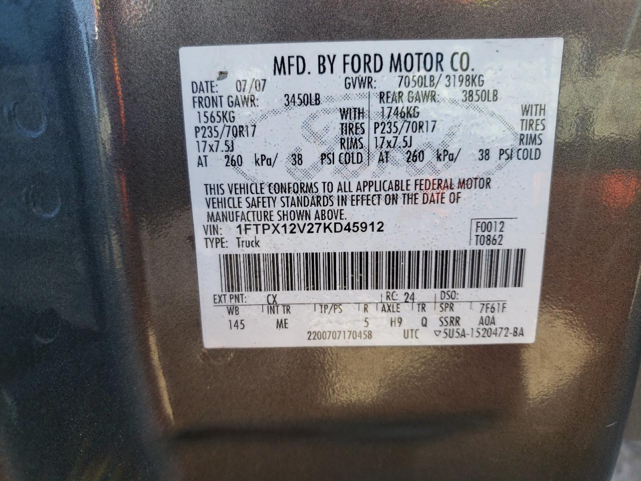 Photo 10 from auction – 2007 FORD F150 with VIN 1FTPX12V27KD45912