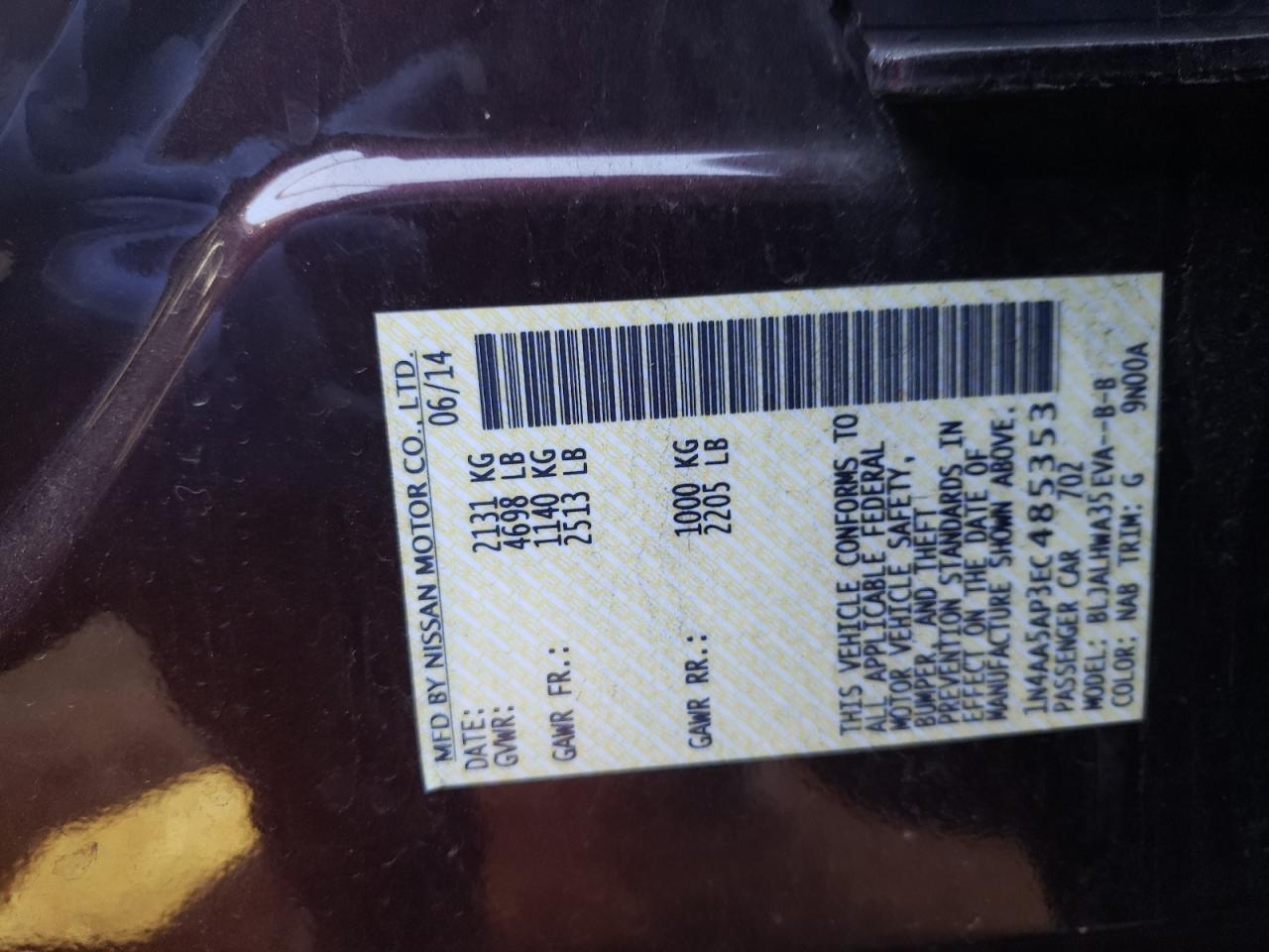 Photo 10 from auction – 2014 NISSAN MAXIMA S with VIN 1N4AA5AP3EC485353