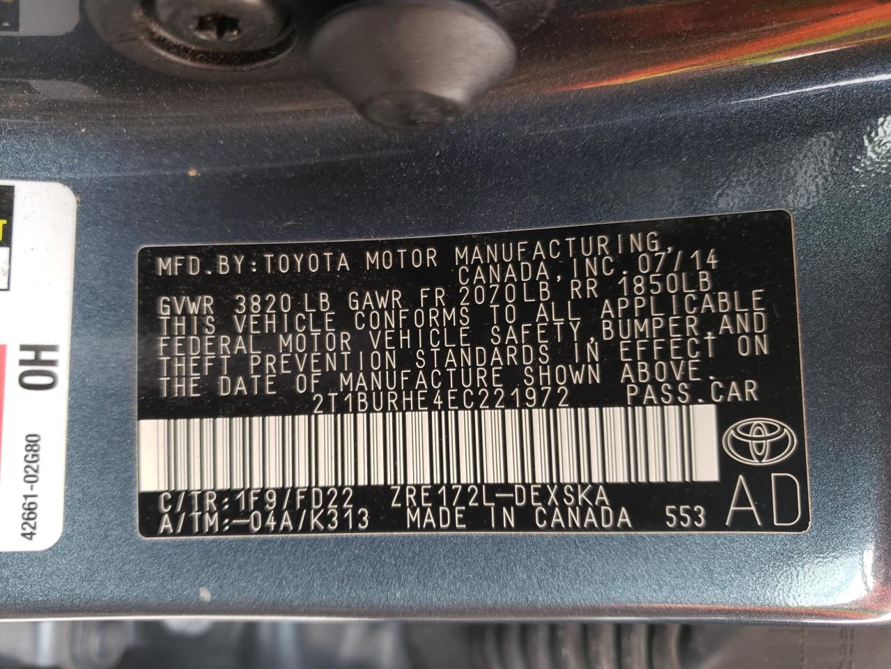 Zdjęcie 10 z aukcji – 2014 TOYOTA COROLLA L z VIN 2T1BURHE4EC221972