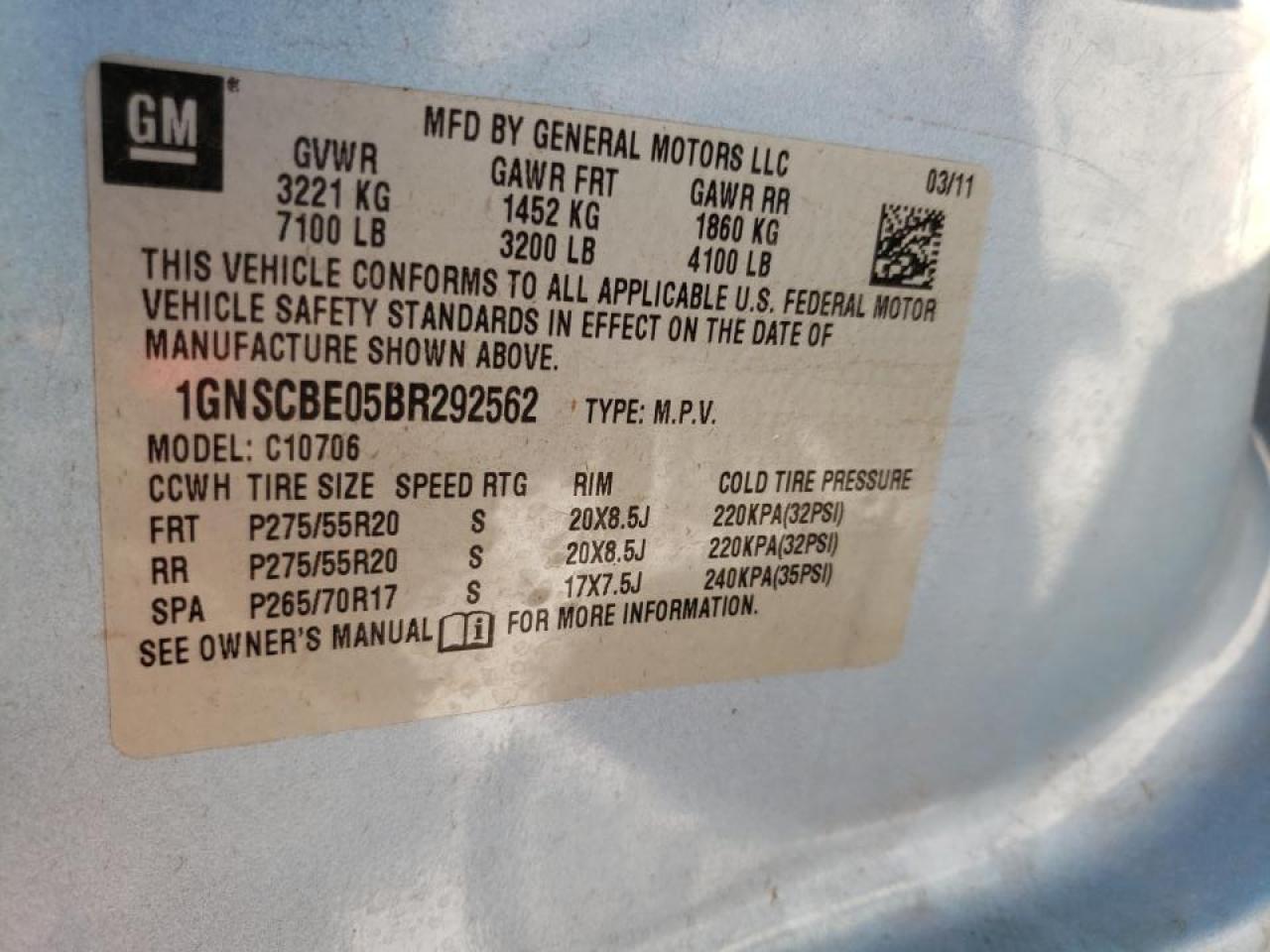 Photo 10 from auction – 2011 CHEVROLET TAHOE C150 with VIN 1GNSCBE05BR292562