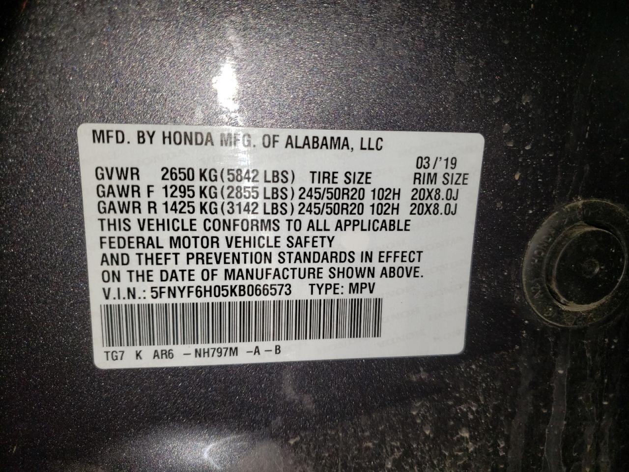 Photo 10 from auction – 2019 HONDA PILOT ELIT with VIN 5FNYF6H05KB066573