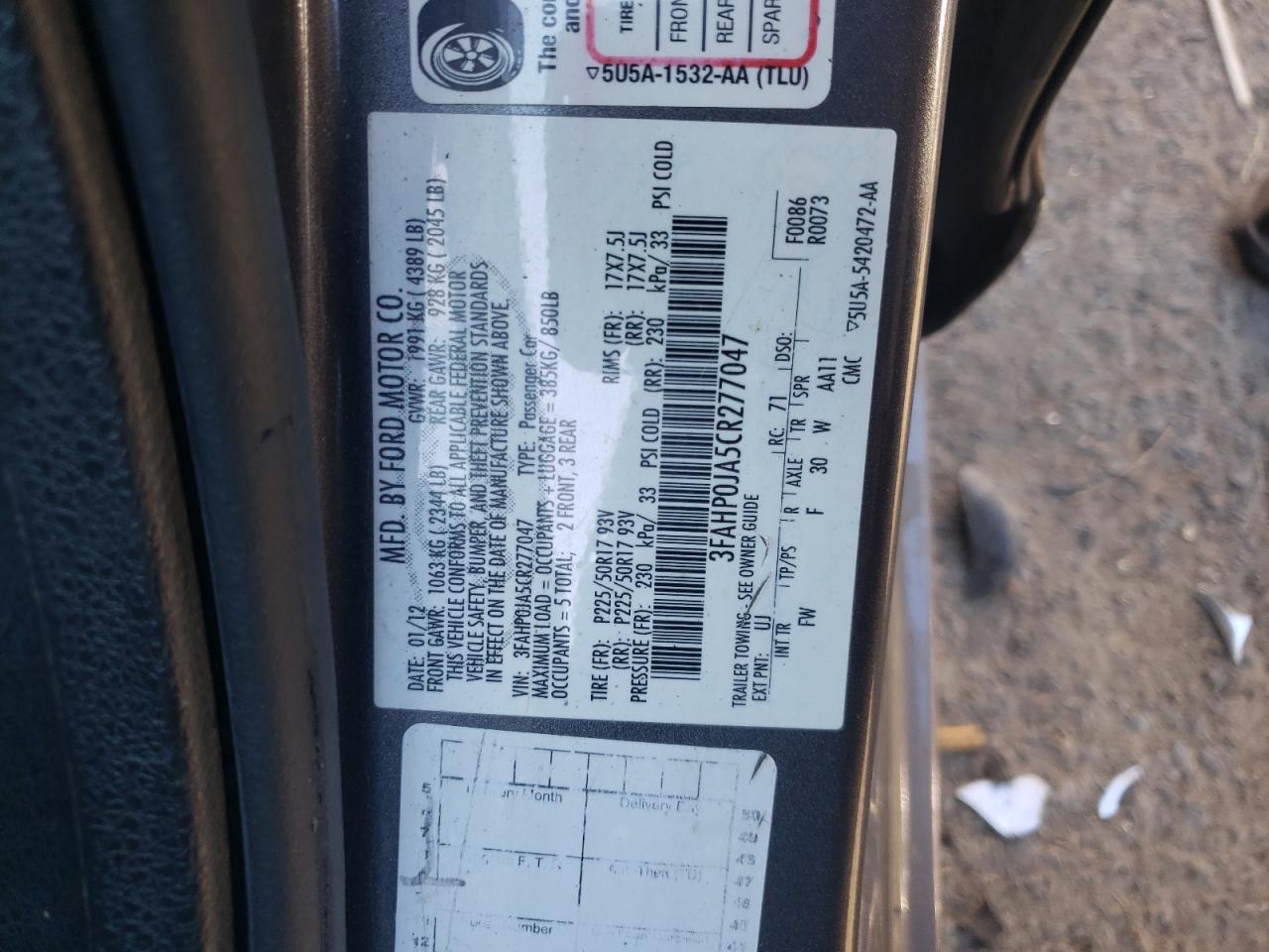Photo 10 from auction – 2012 FORD FUSION SEL with VIN 3FAHP0JA5CR277047
