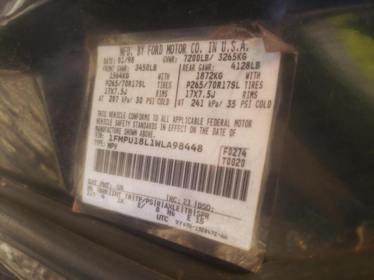 Photo 10 from auction – 1998 FORD EXPEDITION with VIN 1FMPU18L1WLA98448