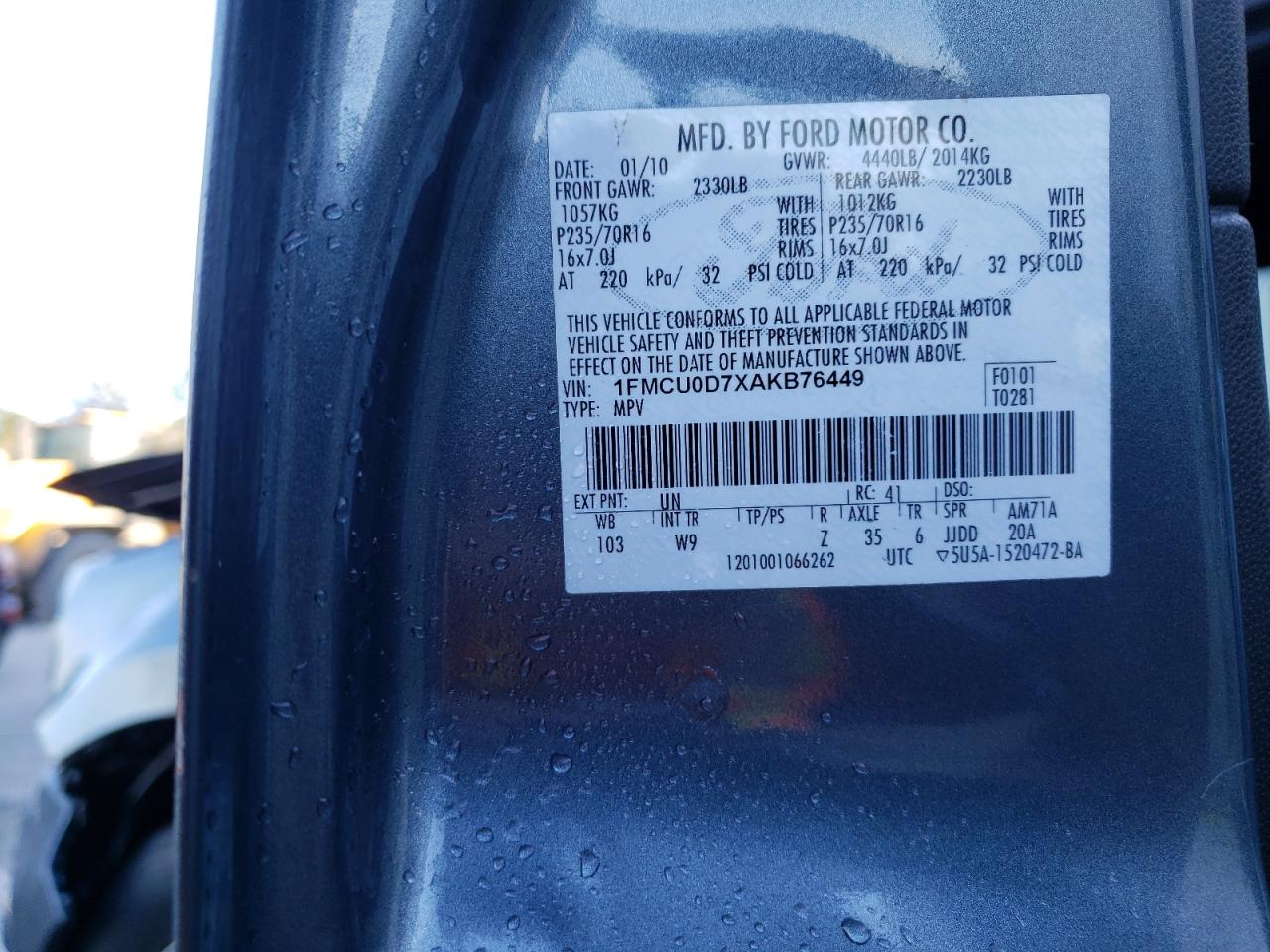 Photo 10 from auction – 2010 FORD ESCAPE XLT with VIN 1FMCU0D7XAKB76449