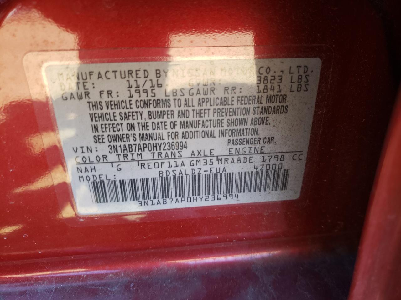 Photo 10 from auction – 2017 NISSAN SENTRA S with VIN 3N1AB7AP0HY236994